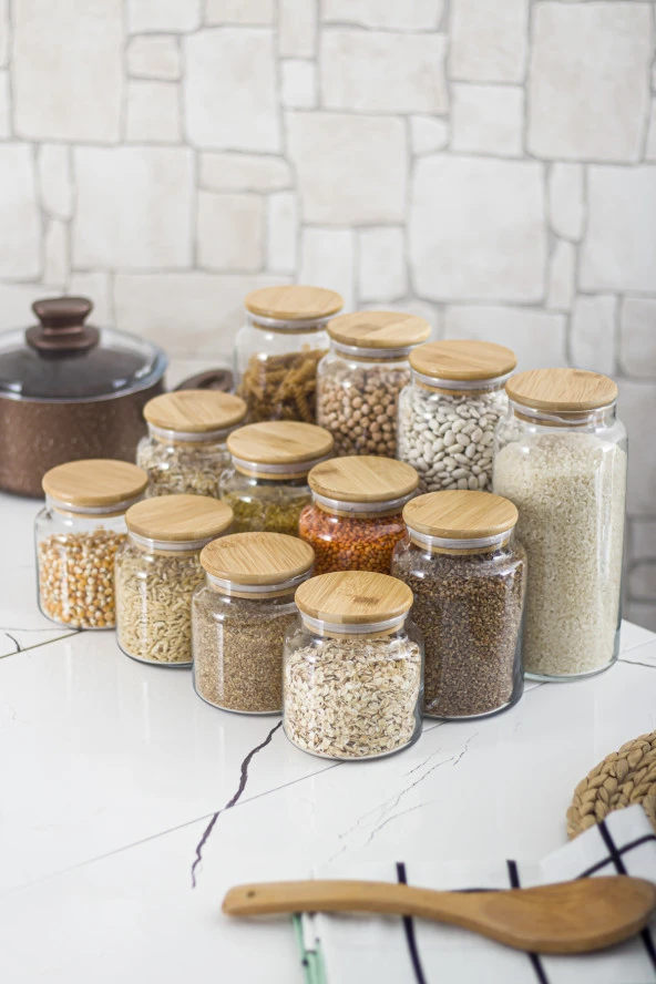 12'li Bambu Kapaklı Cam Kavanoz & Erzak Saklama Kabı Seti 3* 1.3 Lt + 0.80 Lt + 0.50 Lt(Vakum Kapak) - 2