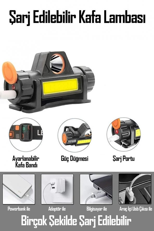 Kafa Lambası LED Şarjlı Su Geçirmez Darbeye Dayanıklı Kamp İş Kafa Feneri 6500K 4W - Resim 4