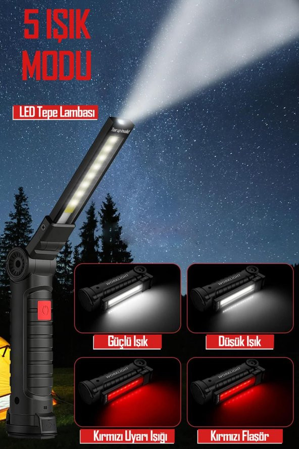 El Feneri 5 Modlu 360° LED Çalışma Işığı İş Lambası Darbeye Dayanıklı Mıknatıslı Kaportacı Feneri 3W - 2
