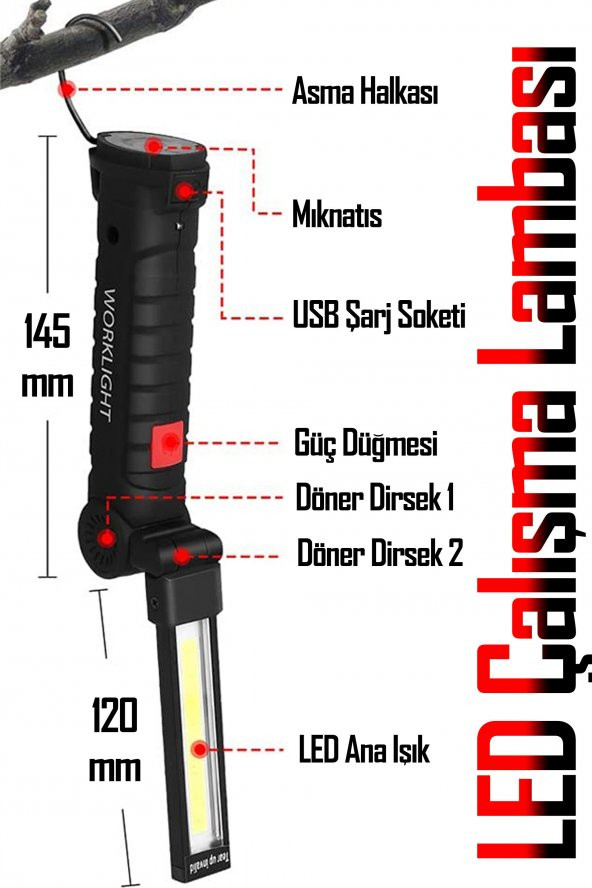 El Feneri 5 Modlu 360° LED Çalışma Işığı İş Lambası Darbeye Dayanıklı Mıknatıslı Kaportacı Feneri 3W - 4