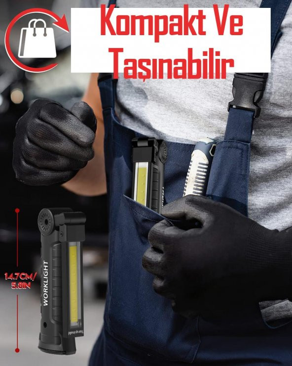 El Feneri 5 Modlu 360° LED Çalışma Işığı İş Lambası Darbeye Dayanıklı Mıknatıslı Kaportacı Feneri 3W - 7