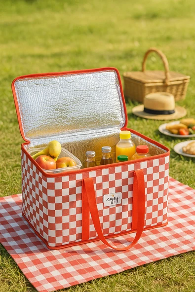 Termo Lüks Piknik Çantası Kırmızı Ekoseli 35 x 20 x 20 cm - Resim 6