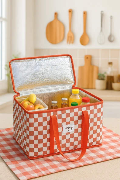 Termo Lüks Piknik Çantası Kırmızı Ekoseli 35 x 20 x 20 cm - Resim 7