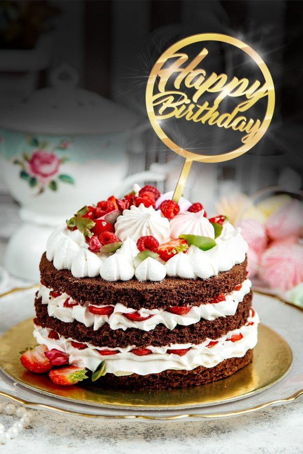 Gold Yuvarlak Çerçeveli Happy Birthday Yazılı Ayna Pleksi Pasta Üstü & Doğum Günü Partisi & Pleksi Pasta Süsü
