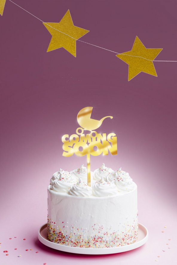 Gold Coming Soon Yazılı Ayna Pleksi Pasta Üstü & Doğum Günü Partisi & Pleksi Pasta Süsü