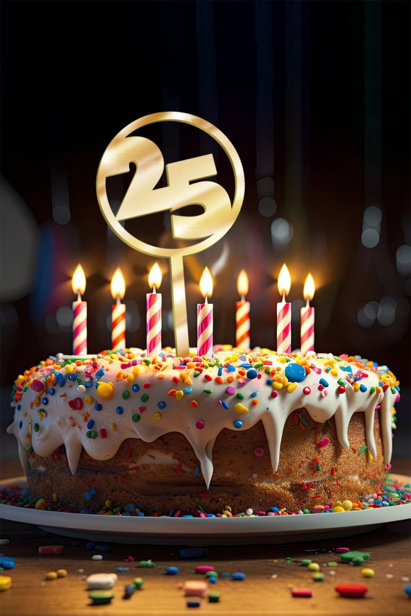 Gold 25 Yaş Yazılı Ayna Pleksi Pasta Üstü & Doğum Günü Partisi & Pleksi Pasta Süsü