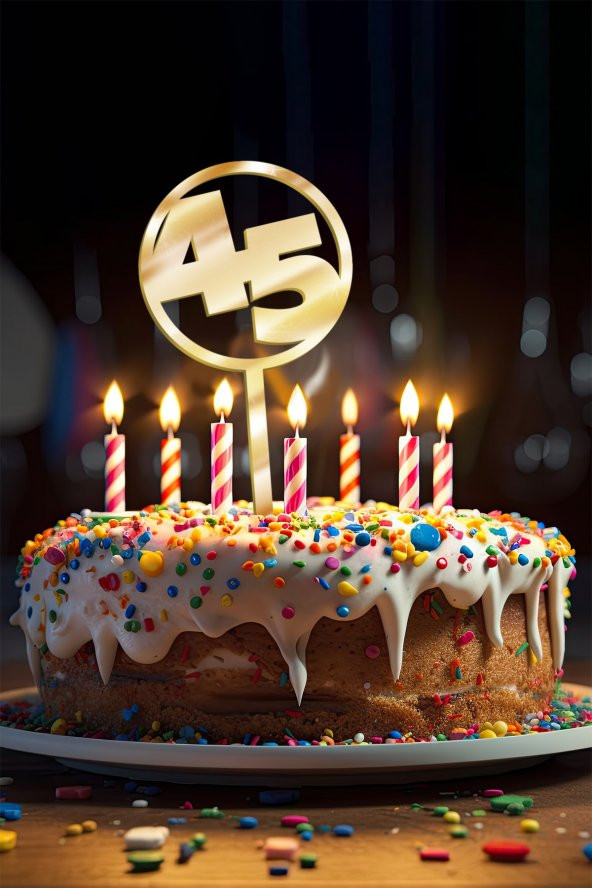 Gold 45 Yaş Yazılı Ayna Pleksi Pasta Üstü & Doğum Günü Partisi & Pleksi Pasta Süsü