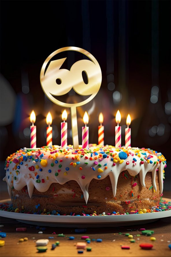 Gold 60 Yaş Yazılı Ayna Pleksi Pasta Üstü & Doğum Günü Partisi & Pleksi Pasta Süsü