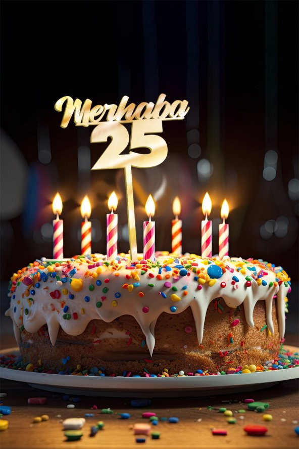 Gold Merhaba 25 Yaş Yazılı Ayna Pleksi Pasta Üstü & Doğum Günü Partisi & Pleksi Pasta Süsü