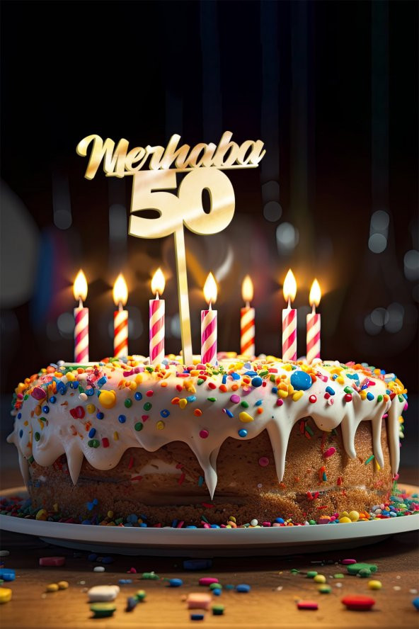 Gold Merhaba 50 Yaş Yazılı Ayna Pleksi Pasta Üstü & Doğum Günü Partisi & Pleksi Pasta Süsü