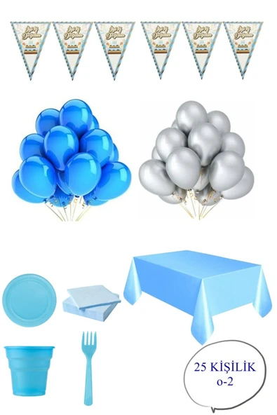 25 Kişilik Mavi Parti Seti Balon Bardak Tabak Çatal / O-2