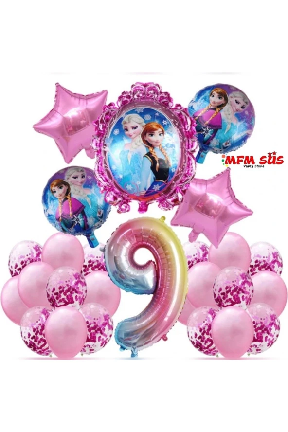 Parti 9 Yaş Rakam Frozen Elsa Folyo Balon Doğum Günü Seti
