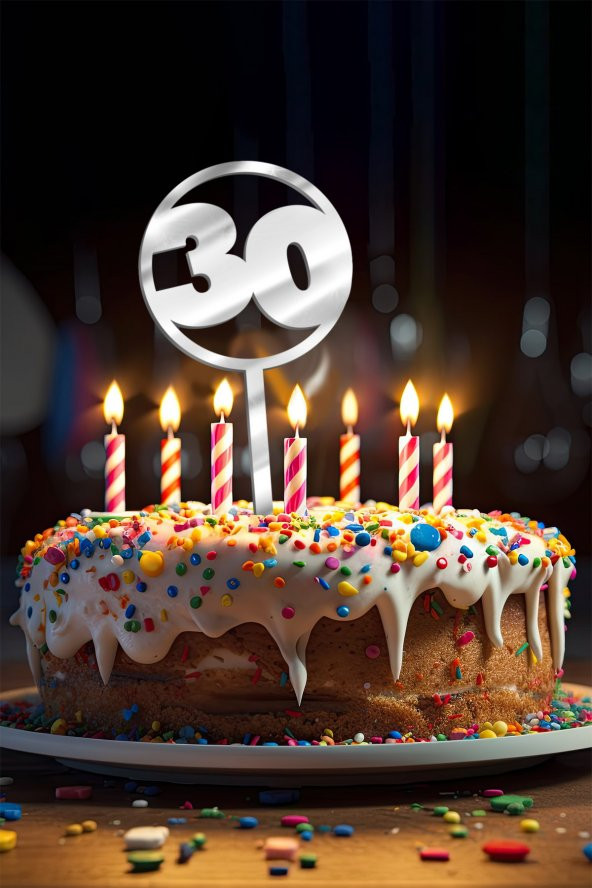Gümüş 30 Yaş Yazılı Ayna Pleksi Pasta Üstü & Doğum Günü Partisi & Pleksi Pasta Süsü