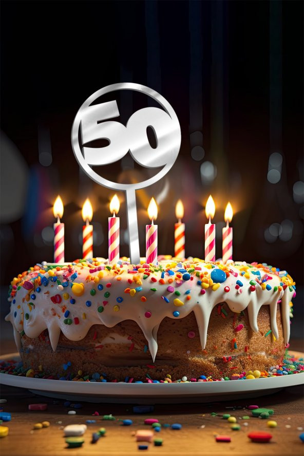 Gümüş 50 Yaş Yazılı Ayna Pleksi Pasta Üstü & Doğum Günü Partisi & Pleksi Pasta Süsü