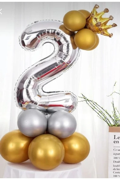 Parti 2 Yaş Rakam Gümüş Kral Taç Folyo Balon Seti