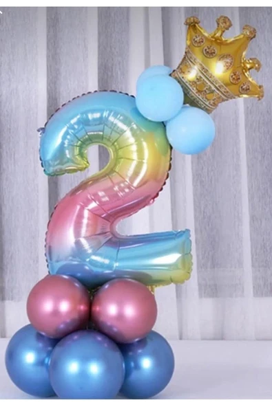 Parti 2 Yaş Rakam Gökkuşağı Kral Taç Folyo Balon Karşılama Seti