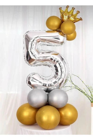 Parti 5 Yaş Rakam Gümüş Kral Taç Folyo Balon Karşılama Seti