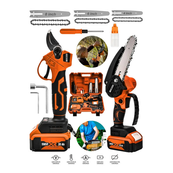 Graizer Alman 2 Li Set 128 Vf 10 Ah Çift Akülü Çelik Şanzuman Şarjlı Dal Ağaç Kesme Bağ Budama Makası
