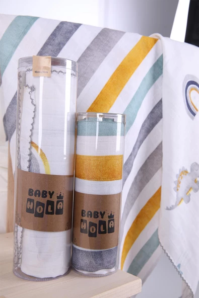 Babyhola 2'li 80x80cm 85X90cm Müslin Örtü Seti Çizgi Desenli Kutulu Organik Hediyelik Emzirme Alt Açma Yenidoğan İkili Puset Örtüsü - 2