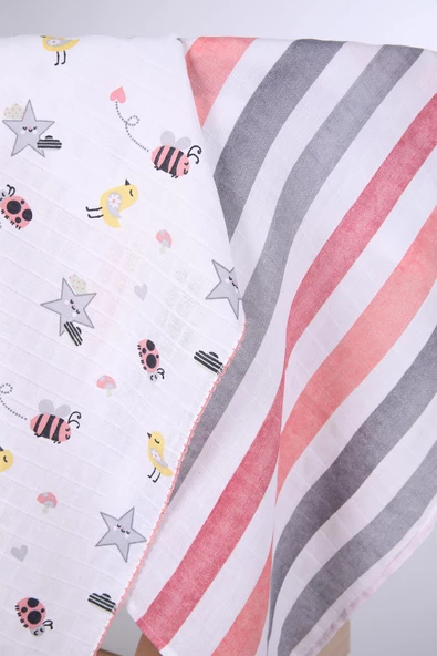 Babyhola 2'li 80x80cm 85X90cm Müslin Örtü Seti Çizgi Desenli Kutulu Organik Hediyelik Emzirme Alt Açma Yenidoğan İkili Puset Örtüsü - 6