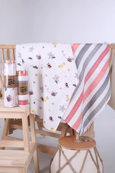 Babyhola 2'li 80x80cm 85X90cm Müslin Örtü Seti Çizgi Desenli Kutulu Organik Hediyelik Emzirme Alt Açma Yenidoğan İkili Puset Örtüsü - 4