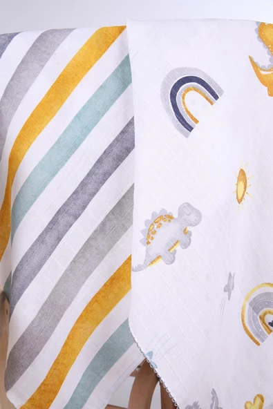 Babyhola 2'li 80x80cm 85X90cm Müslin Örtü Seti Çizgi Desenli Kutulu Organik Hediyelik Emzirme Alt Açma Yenidoğan İkili Puset Örtüsü - 3