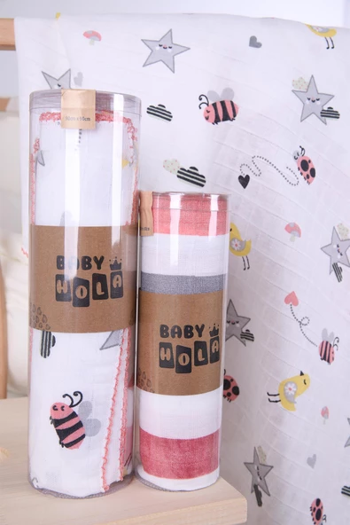 Babyhola 2'li 80x80cm 85X90cm Müslin Örtü Seti Çizgi Desenli Kutulu Organik Hediyelik Emzirme Alt Açma Yenidoğan İkili Puset Örtüsü - 5