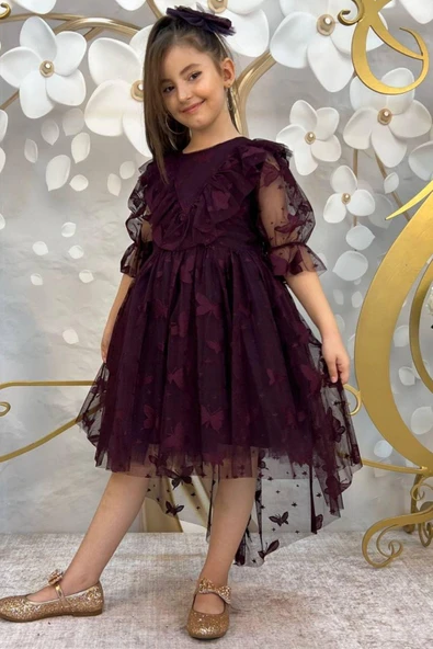 Kız Çocuk Kelebek Desenli Transparan Detaylı Kuyruklu Mürdüm Elbise - Resim 3