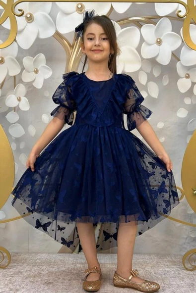 Kız Çocuk Kelebek Desenli Transparan Detaylı Kuyruklu Lacivert Elbise - Resim 3