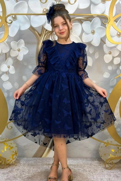 Kız Çocuk Kelebek Desenli Transparan Detaylı Kuyruklu Lacivert Elbise - Resim 2