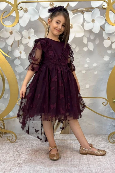 Kız Çocuk Kelebek Desenli Transparan Detaylı Kuyruklu Mürdüm Elbise ürün görseli