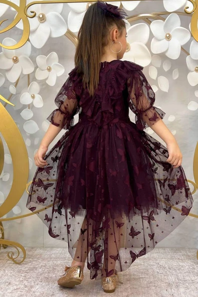 Kız Çocuk Kelebek Desenli Transparan Detaylı Kuyruklu Mürdüm Elbise - Resim 2