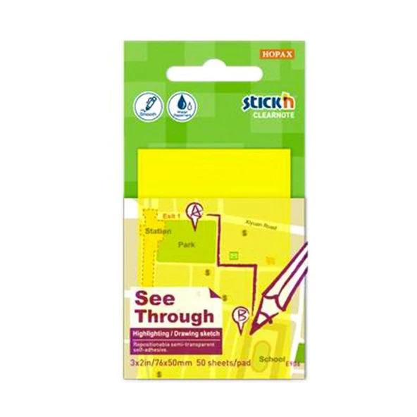 Hopax Stickn Yapışkanlı Not Kağıdı Yarı Saydam 50 Yaprak 76x51 MM Neon Sarı