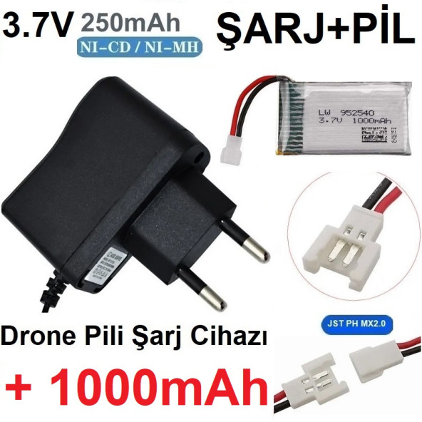 Drone Pili Şarj Cihazı + 1000 Mah Pil Jst Ph Mx2.0 Fiş Güç Adaptörü 3.7v Garantili