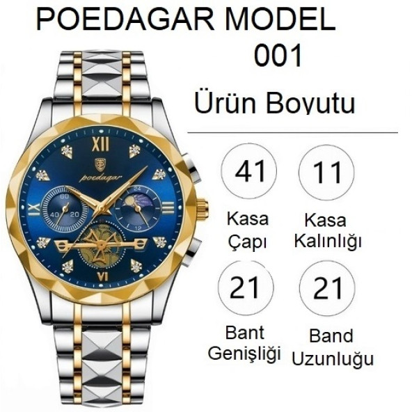 POEDAGAR Erkek Kol Saati Su Geçirmez Paslanmaz Çizilmez Çelik 003 - Resim 2