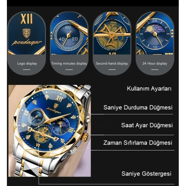 POEDAGAR Erkek Kol Saati Su Geçirmez Paslanmaz Çizilmez Çelik 002 - 8