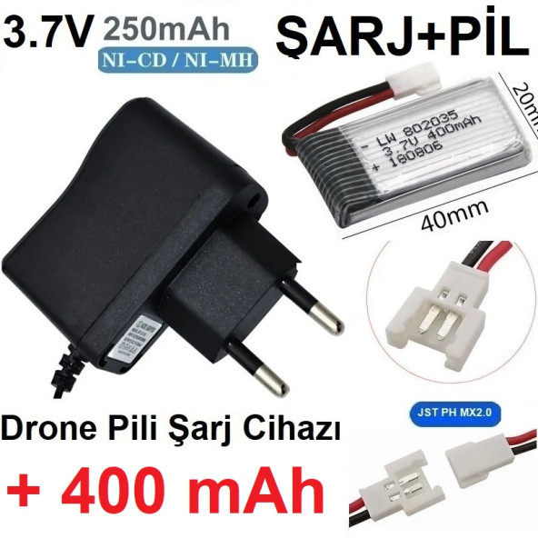 Drone Pili Şarj Cihazı + 400 Mah Pil Jst Ph Mx2.0 Fiş Güç Adaptörü 3.7v 250mah