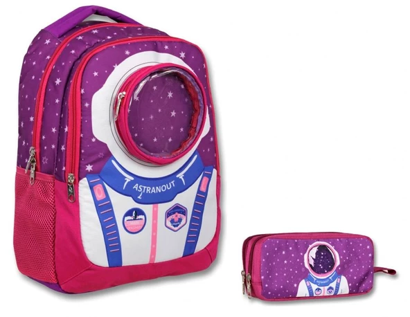 Cennec Bordo Mavi Astronot İlkokul Çantası ve Kalemlik Seti - Erkek Çocuk ürün görseli