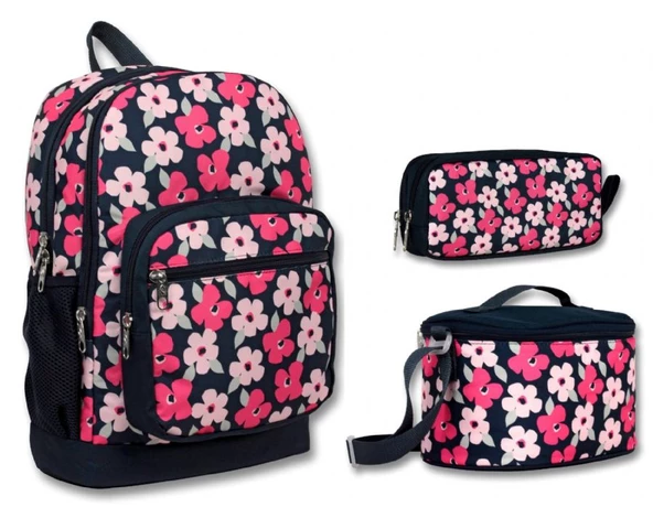 Cennec Dört Bölmeli Siyah Kırmızı Çiçekler İlkokul Sırt Çantası Seti - Kız Çocuk ürün görseli