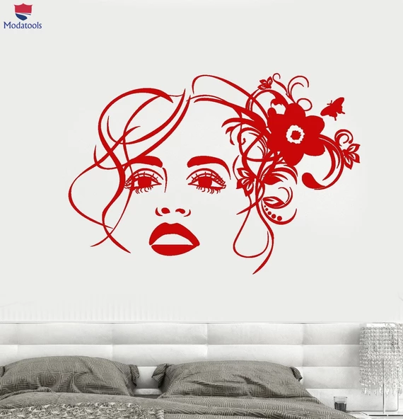Dekorasyon Duvar Sticker Kız Yüz Çiçek Güzellik Kuaför Makyaj Çıkartmalar Benzersiz Hediyelik
