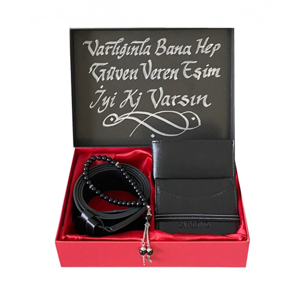 ERKEK SİYAH KEMER CÜZDAN KARTLIK TESBİH HEDİYE SETİ