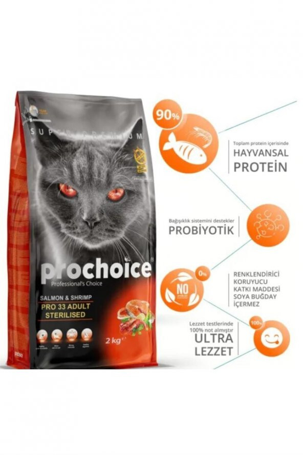 ProChoice 33 Kısırlaştırılmış Somon Karidesli Yetişkin Kedi Maması 2 Kg