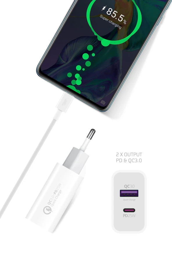 POWERWAY HW25 PD 25W+USB QC 3.0 ÇİFT GİRİŞLİ HIZLI ŞARJ BAŞLIĞI(ORJİNAL 3 AMPER GARANTİLİ) - 3