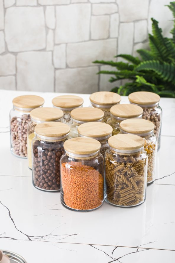 12 Lü Set Bambu Kapaklı Cam Kavanoz & Erzak Saklama Kabı 800 ml Orta  Boy ( Vakum Kapak ) - 2