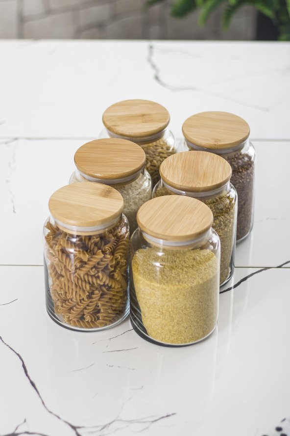 6 Lı Set Bambu Kapaklı Cam Kavanoz & Erzak Saklama Kabı 800 ml Orta  Boy ( Vakum Kapak ) - 4