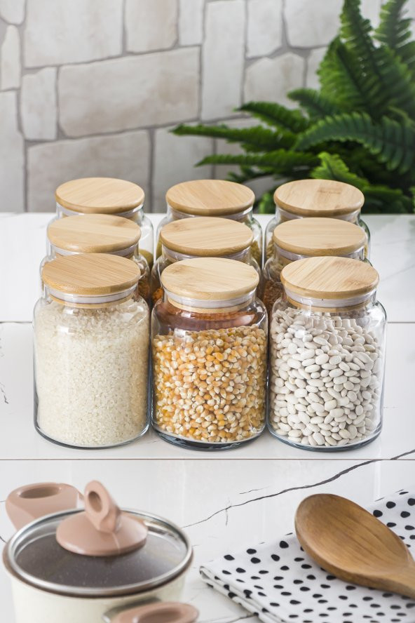 9 Lu Set Bambu Kapaklı Cam Kavanoz & Erzak Saklama Kabı 800 ml Orta  Boy ( Vakum Kapak ) - 3