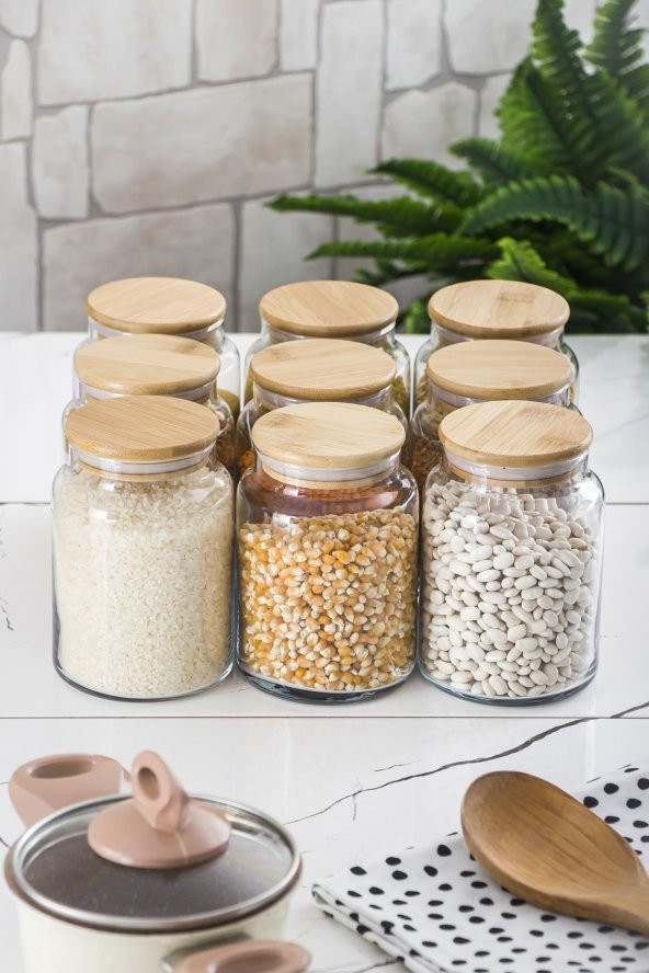 9 Lu Set Bambu Kapaklı Cam Kavanoz & Erzak Saklama Kabı 800 ml Orta  Boy ( Vakum Kapak ) - 5