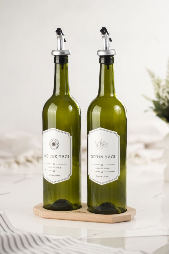 Bambu Standlı 2'li 750 ml Zeytinyağı & Sıvı yağ Şişesi & Yağlık Sirkelik Seti (Damlatmaz) - 2