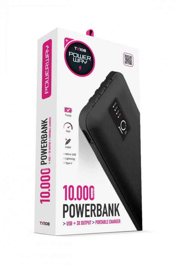 10.000 Mah Kablolu Dijital Göstergeli Gerçek 10.000 Mah Garantili İnce Tasarım TX108 Siyah Powerbank