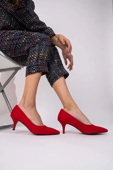 Kadın Kısa Topuklu Kırmızı Süet Stiletto Ayakkabı - Candy